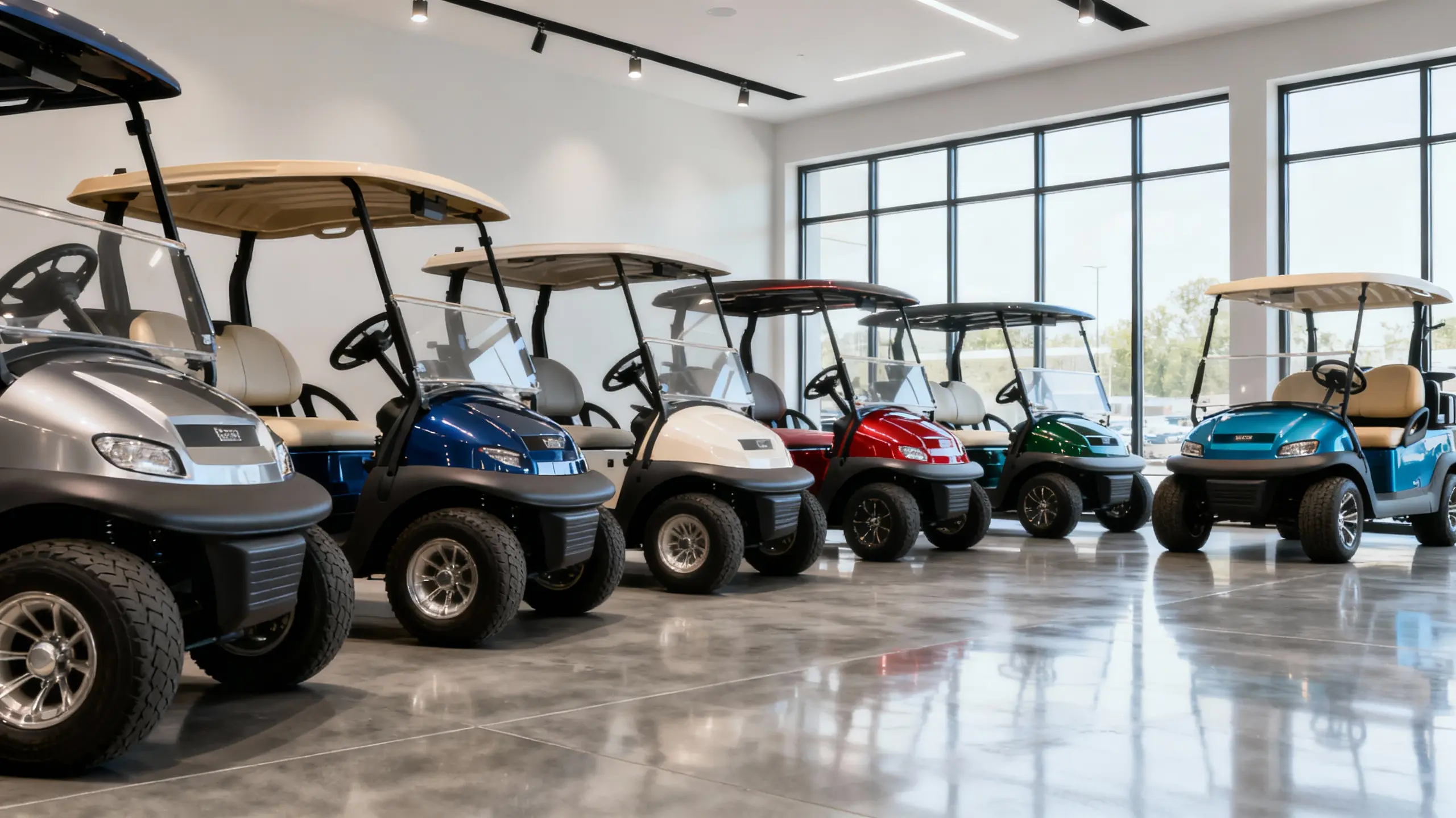 Golf carts in a dealership showroom